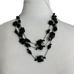 Black Beaded Multi Strand Necklace Rhinestones 20" Adjustable Multi Layer
